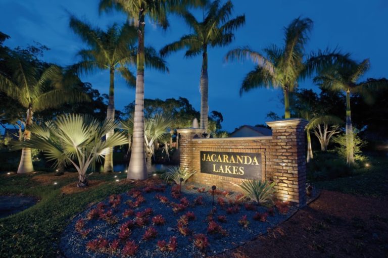 Entrance lighting for Jacaranda Lakes community at night