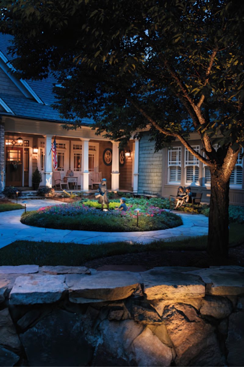 Residential outdoor lighting design on large home at sunset - Landscape lighting Orlando