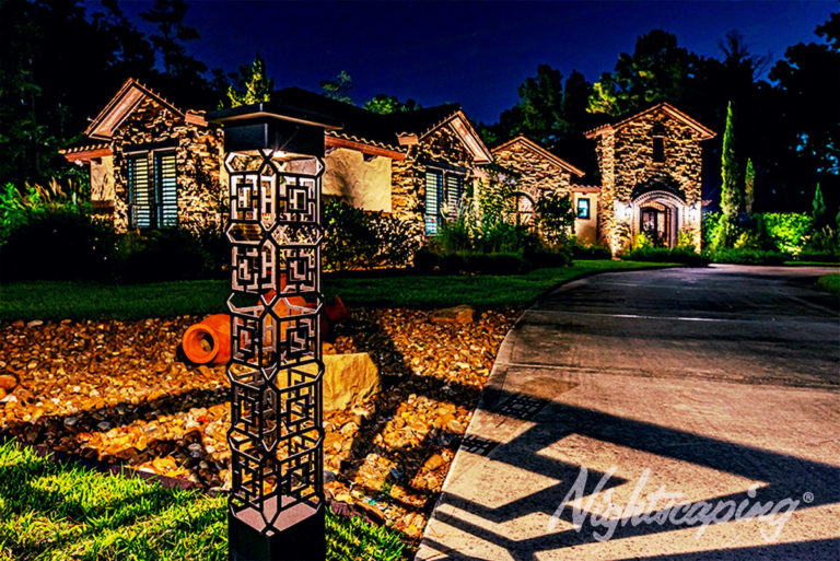 Outdoor residential lighting for large home at night