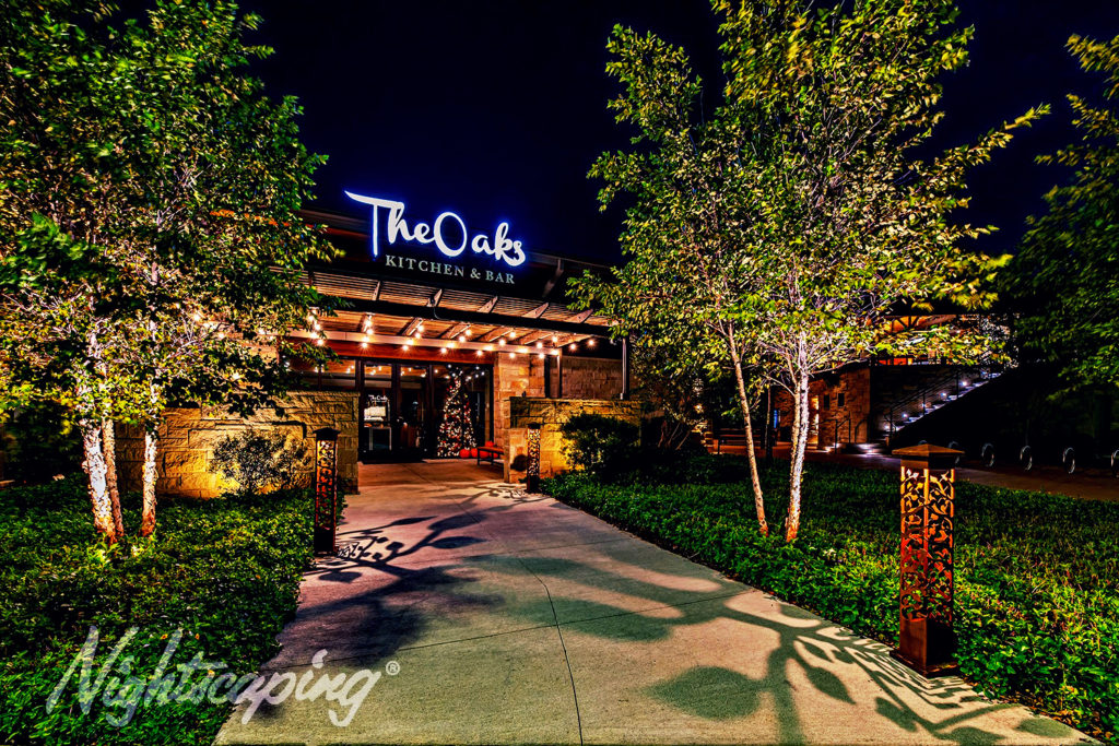 Outdoor lighting design for The Oaks Kitchen & Bar entrance and walkway
