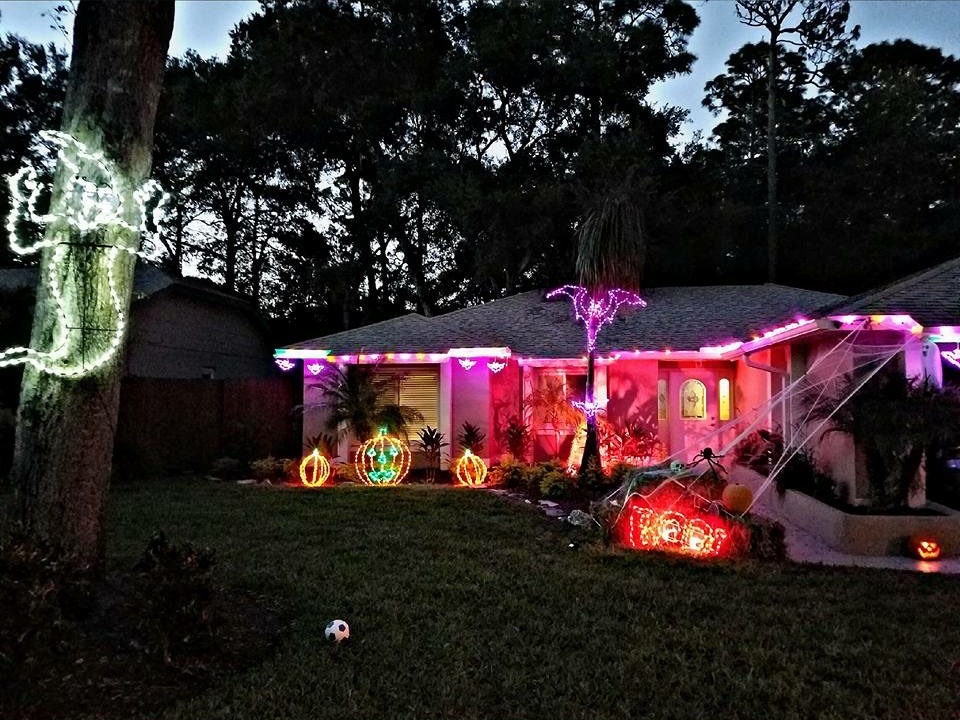 purple and orange LED outdoor lighting display for halloween